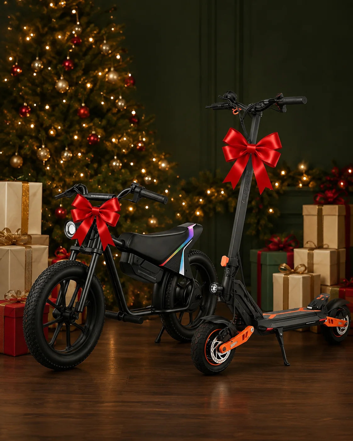 An electric bike and scooter with red gift bows, surrounded by Christmas presents and warm festive lights