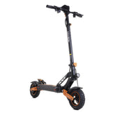 KuKirin G2 Max electric scooter, front three-quarter view showing the deck, front wheel and orange trim