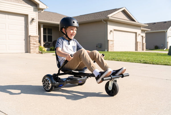 Child in a helmet driving a hoverboard and hoverkart seat bundle on a driveway