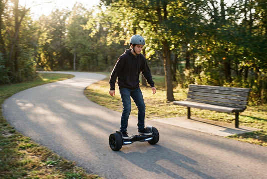 Teenager in a helmet riding a hoverboard along a park path