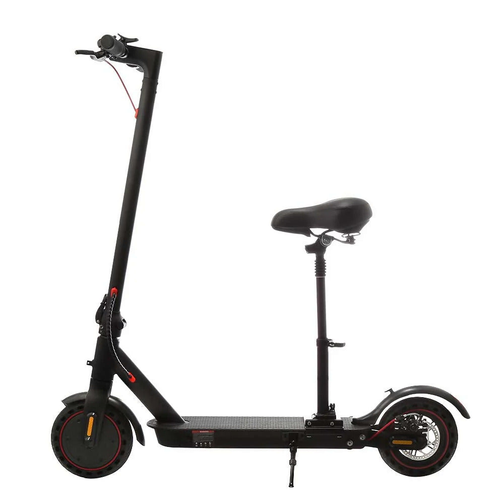 The adjustable seat fitted to a black electric scooter