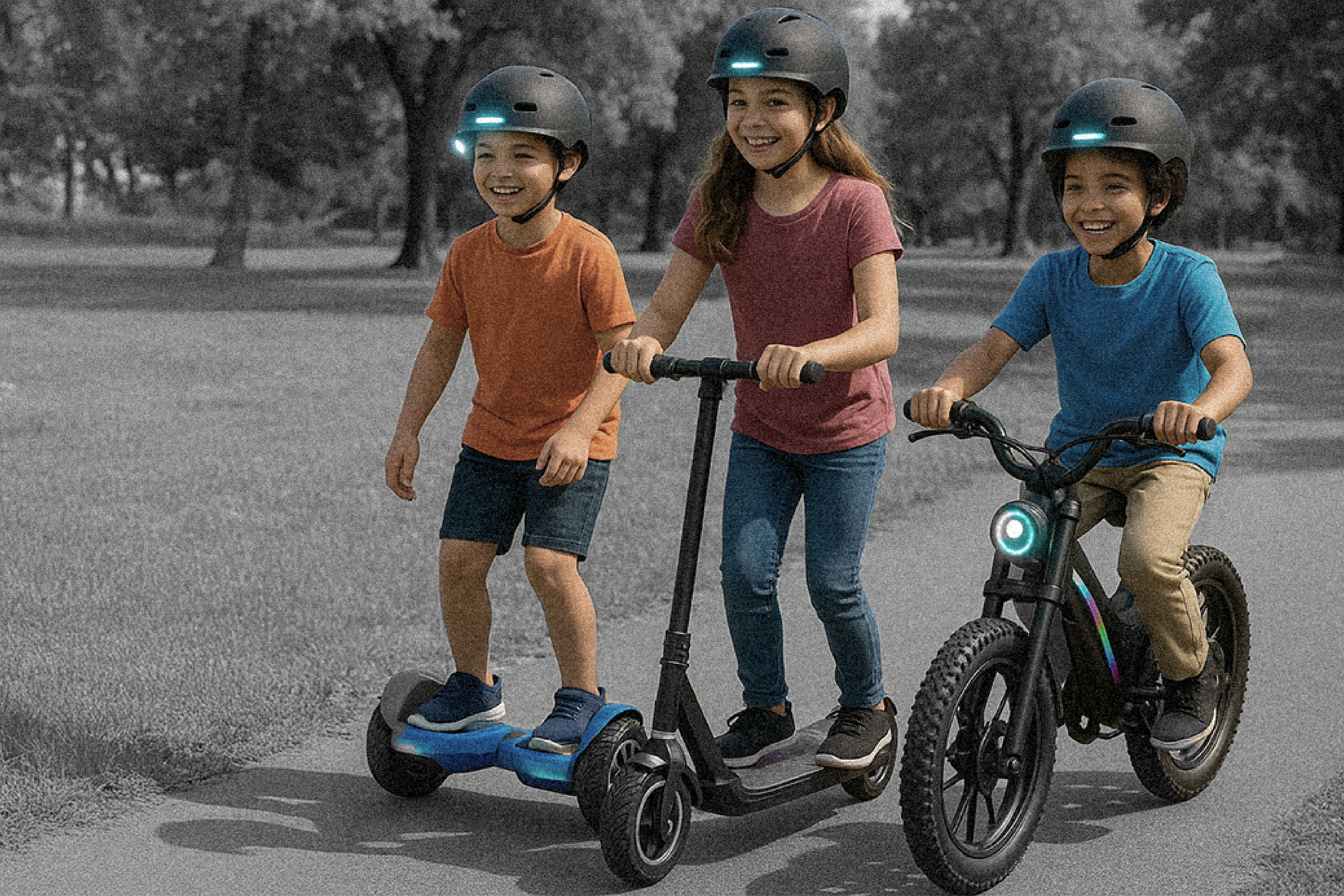 Three children riding scooters and a bike in a park