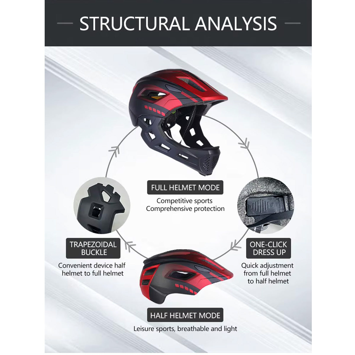 The helmet converts between full face and half helmet modes