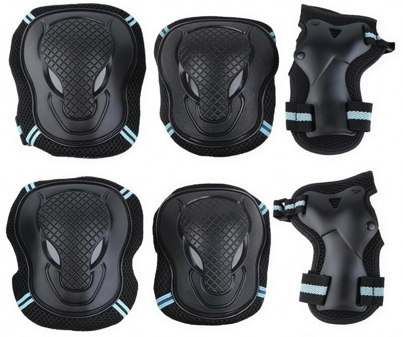 Blue safety pad set showing the knee, elbow and wrist pads