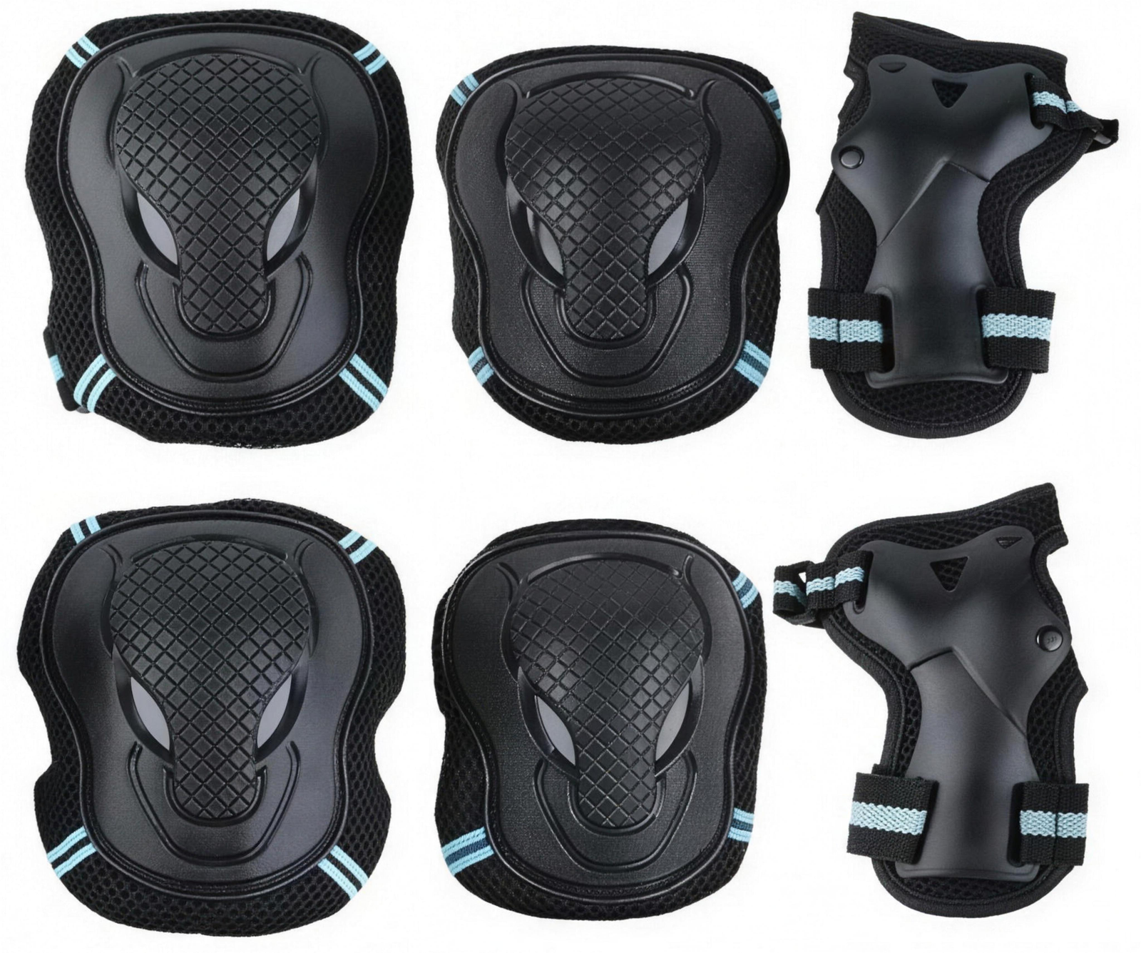 Blue safety pad set, all six pieces laid out