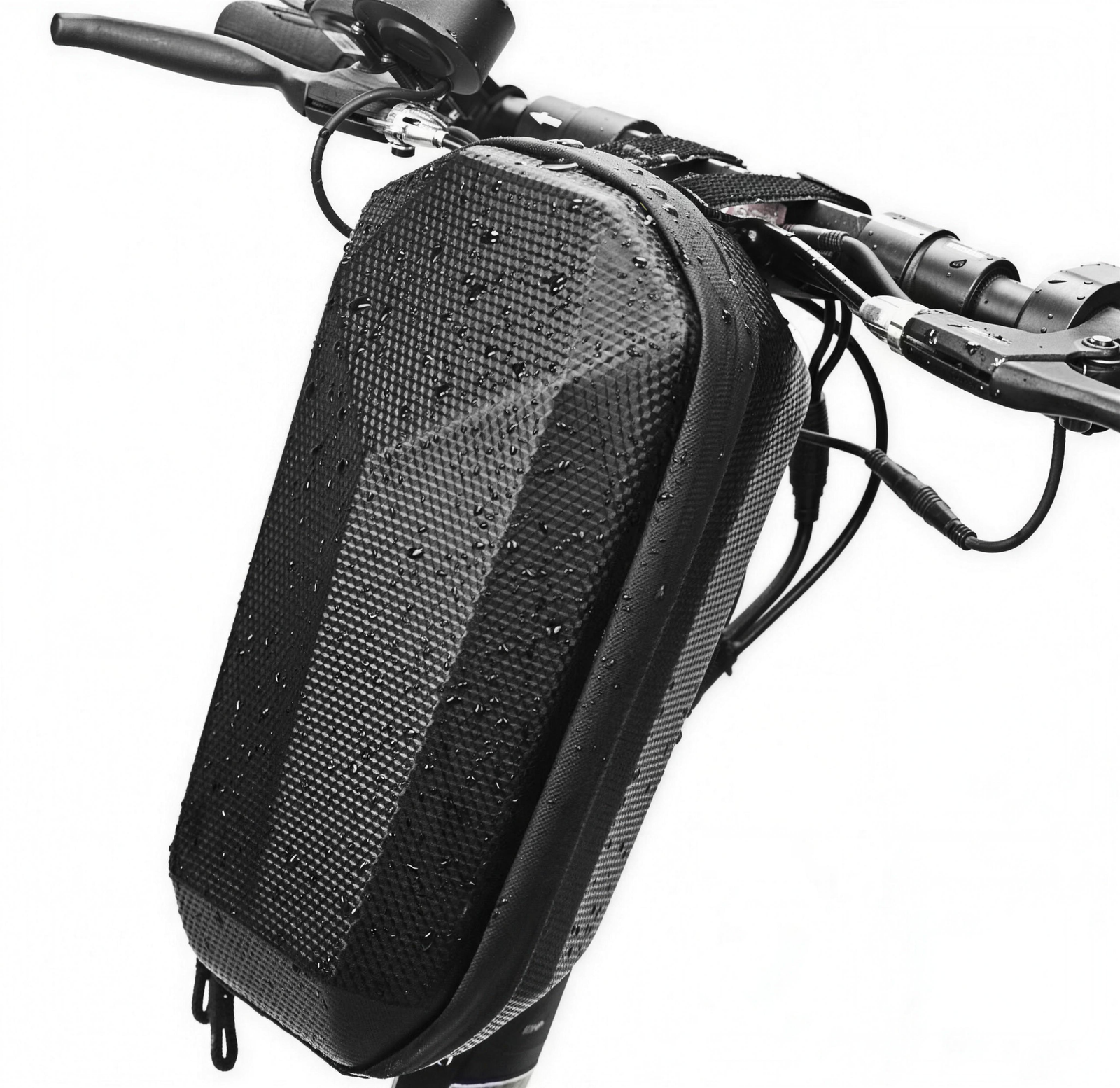 The scooter bag strapped to a scooter's handlebar stem