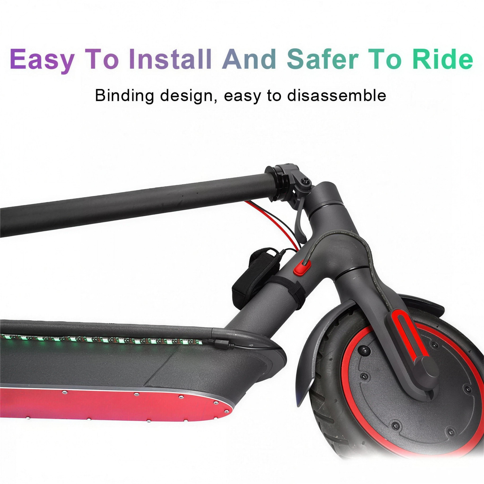 The LED strip fitted along the underside of a scooter deck