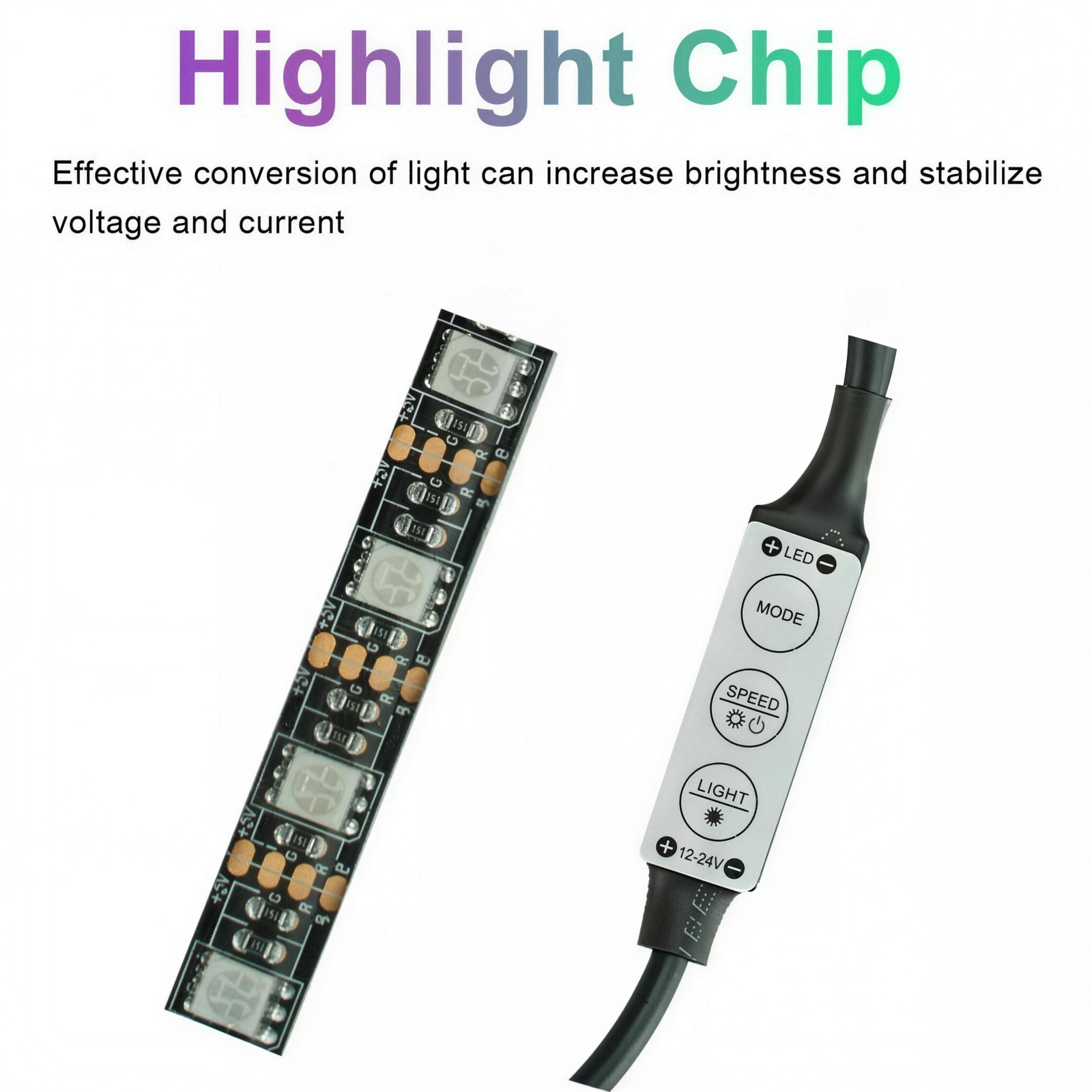 Close-up of the LED strip and its brightness controller