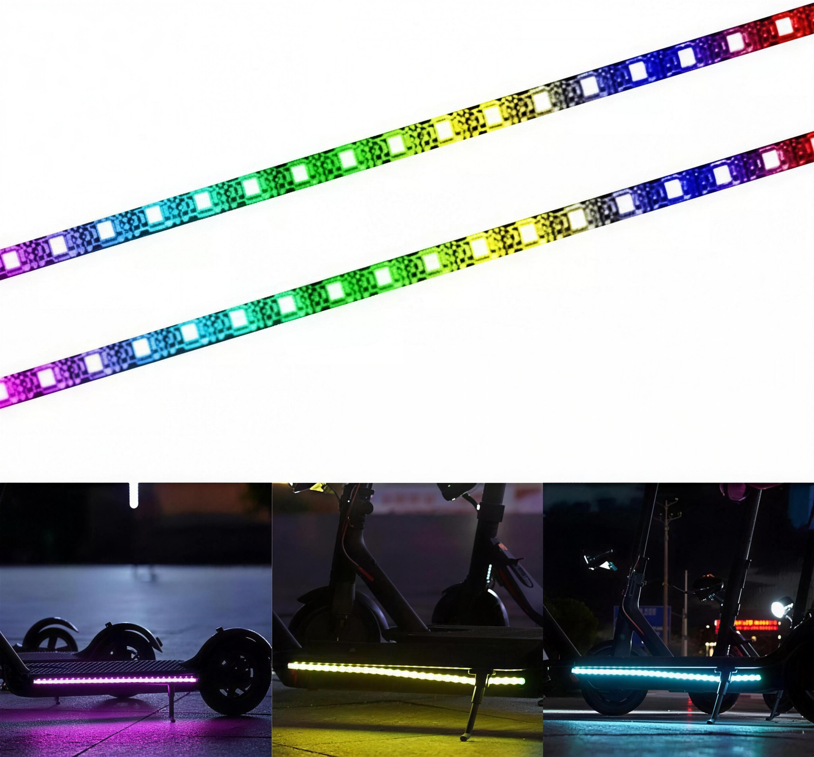 Two RGB LED strips and scooters lit up at night