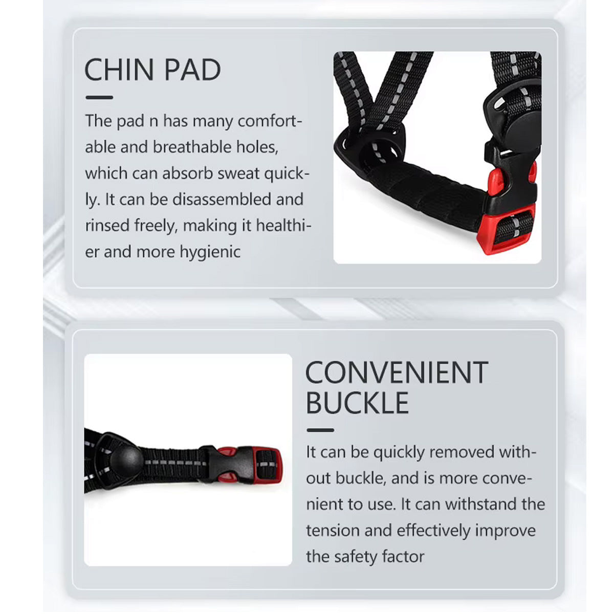 Removable, washable chin pad and the quick-release buckle