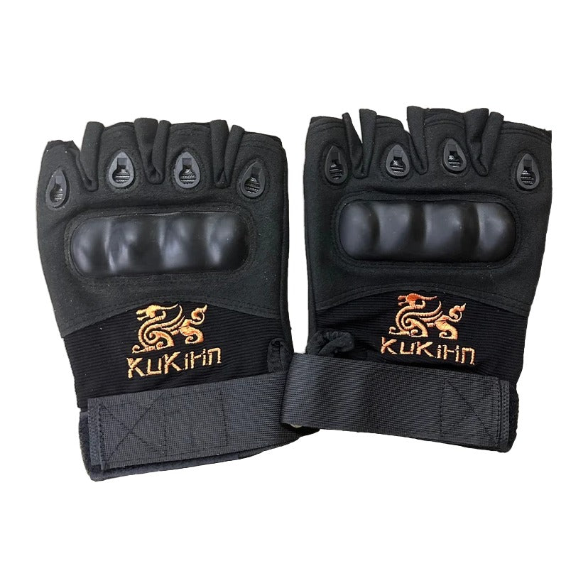 Pair of black KuKirin half-finger riding gloves with hard knuckle guards and the orange KuKirin logo