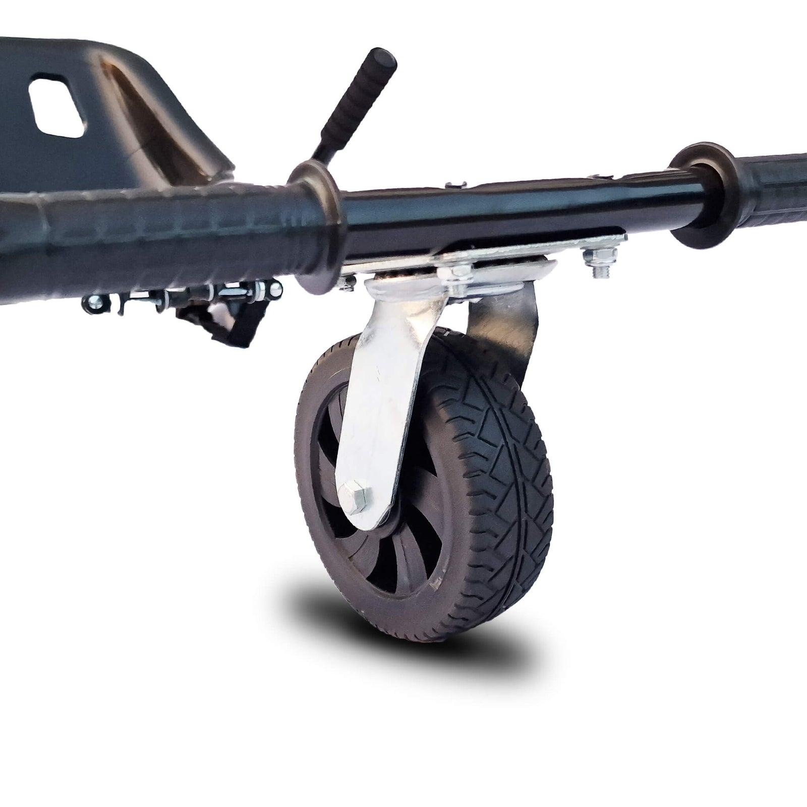 Close-up of the hoverkart's front wheel and fork