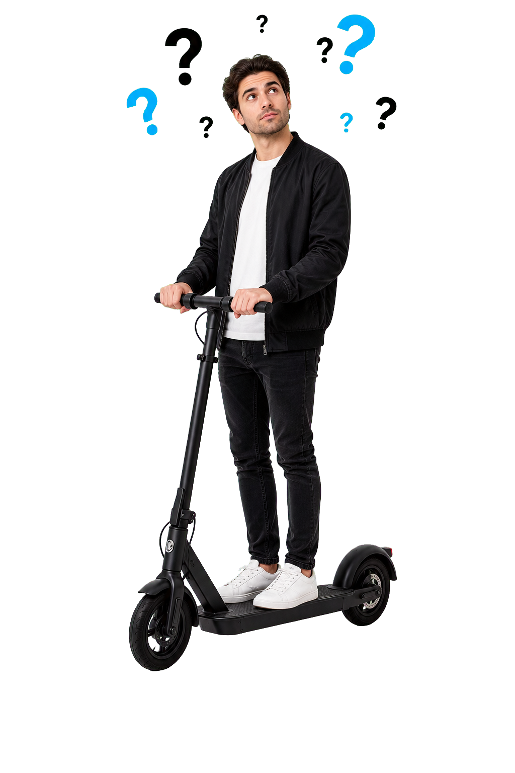 Buyer on an electric scooter with question marks