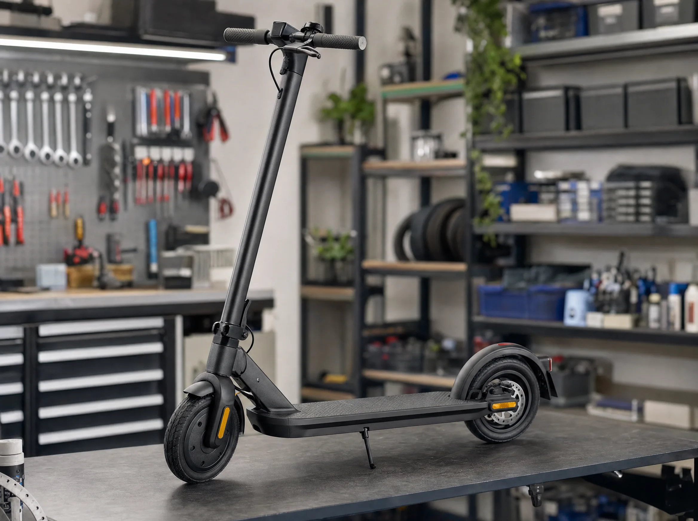 Electric scooter prepared in a workshop for delivery and repair support